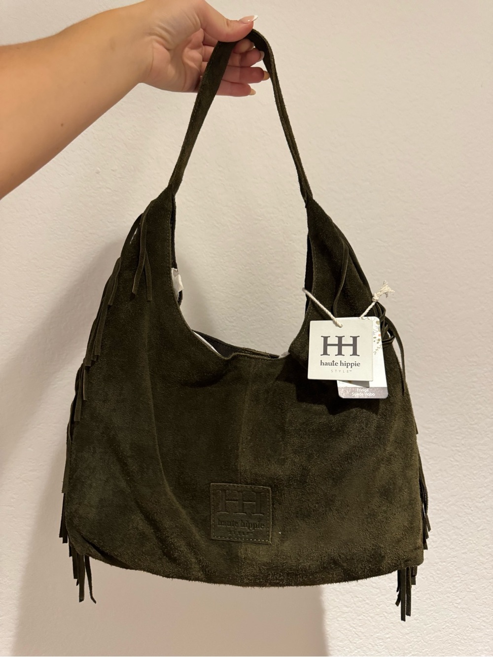 Haute Hippie Olive Suede Fringe Hobo Shoulder Bag